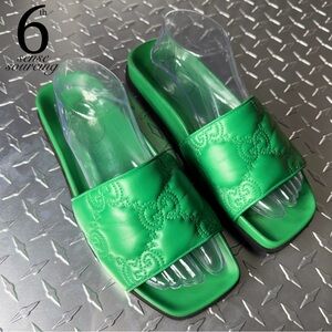 Gucci GG Matelasse Leather Logo Slides in Shamrock Green 39
